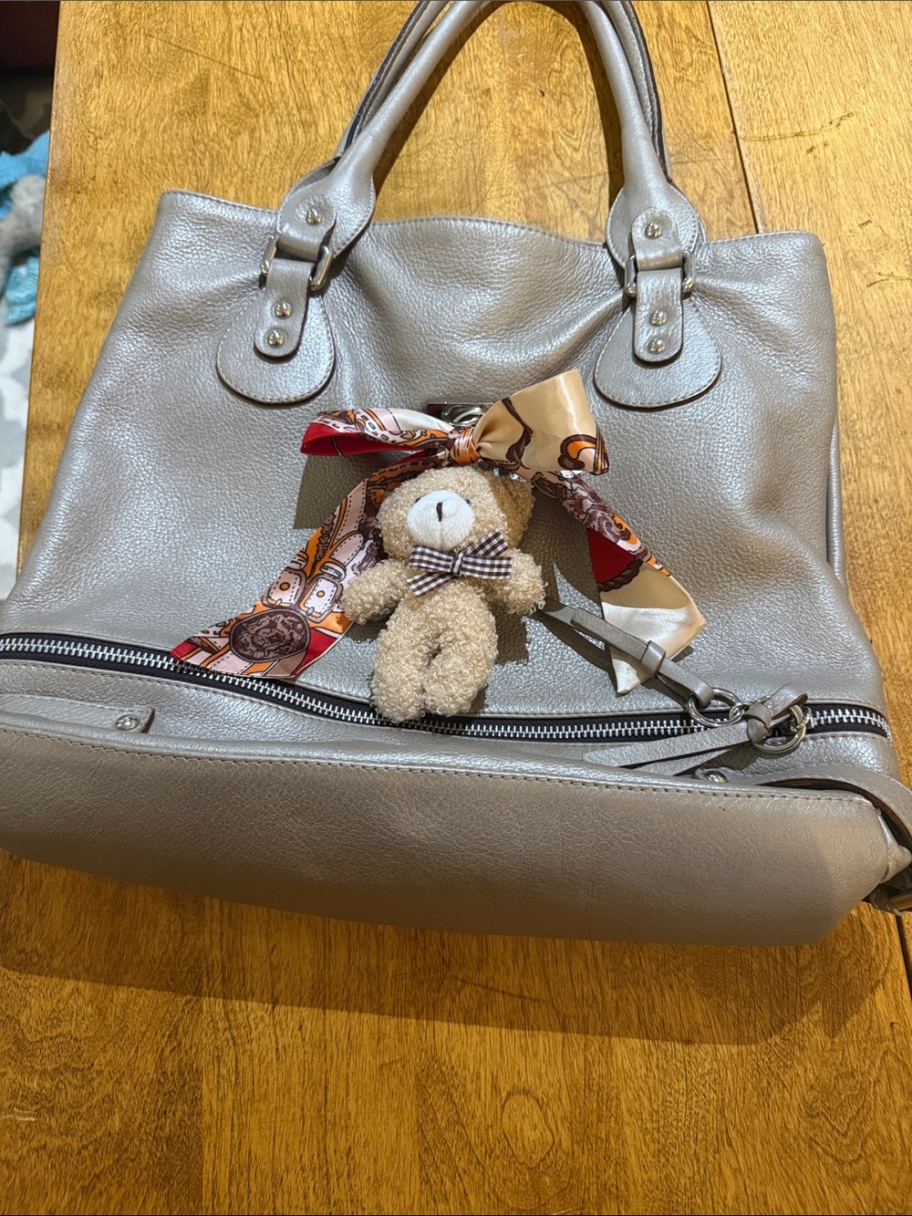 Metallic Beige Tote Bag with Teddy Charm - Women Bags